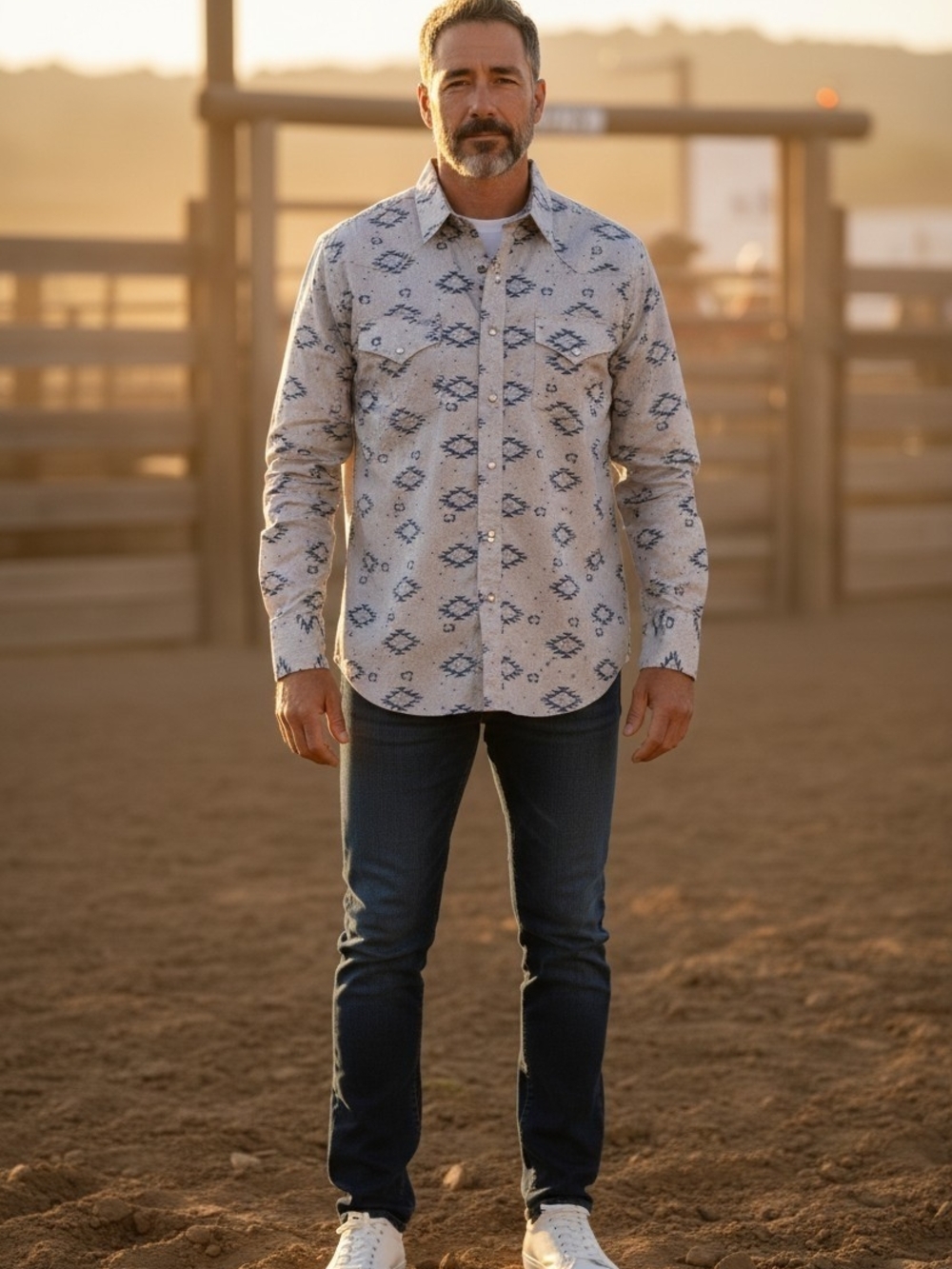 Ely Cattleman White Blue Aztec-Print Western Pearl Snap Button-Down Shirt Sz M